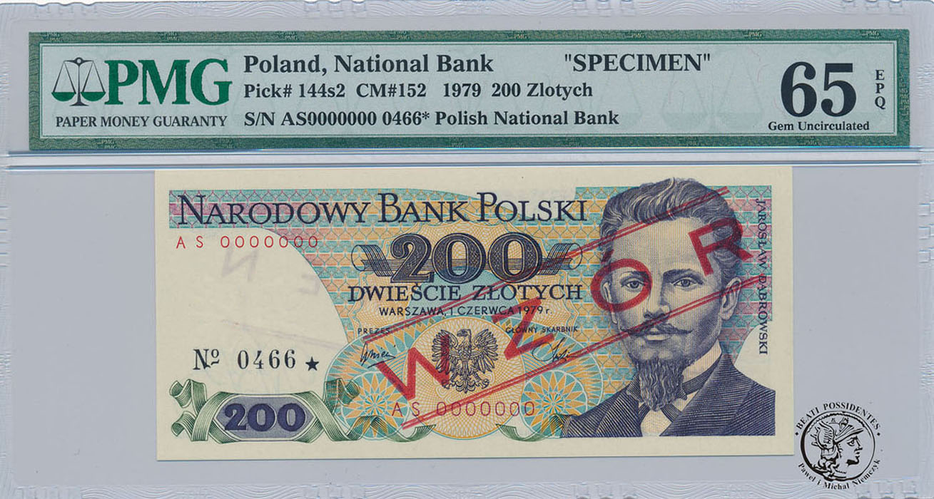 WZÓR SPECIMEN 200 złotych 1979 Dąbrowski PMG 65