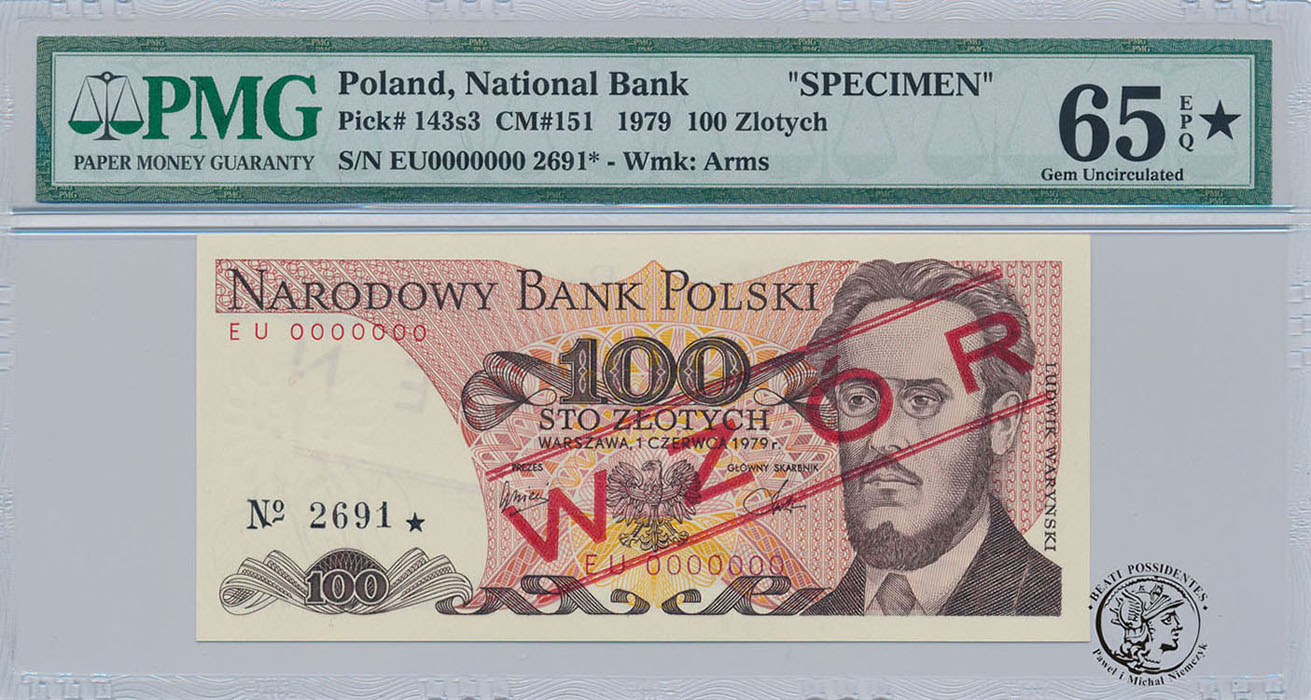 WZÓR / SPECIMEN 100 złotych 1979 Warynski PMG 65*