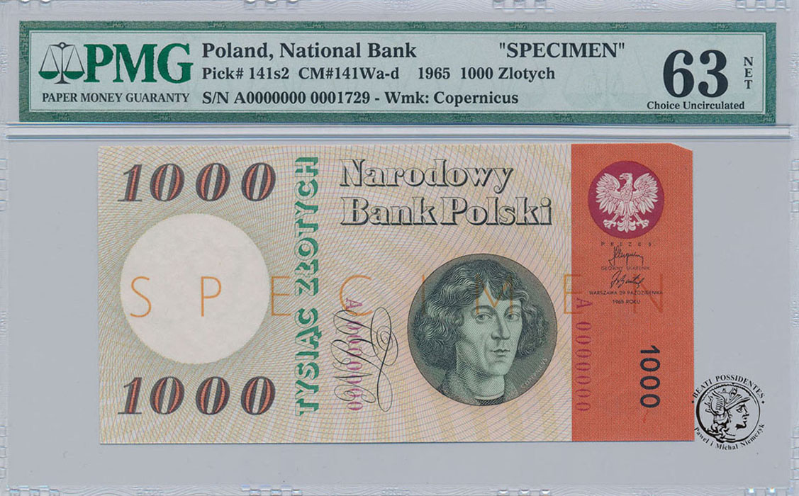 WZÓR / SPECIMEN 1 000 złotych 1985 Kopernik PMG 63