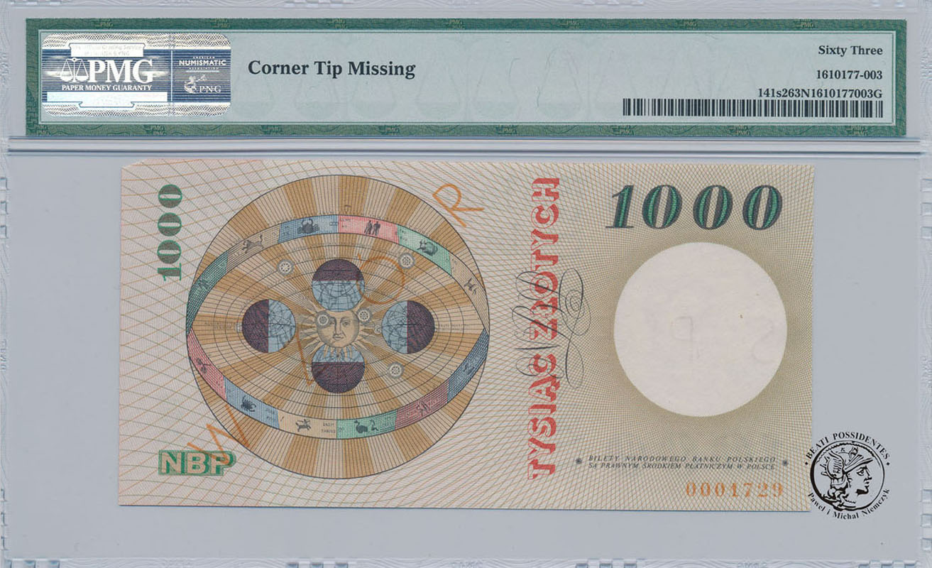 WZÓR / SPECIMEN 1 000 złotych 1985 Kopernik PMG 63
