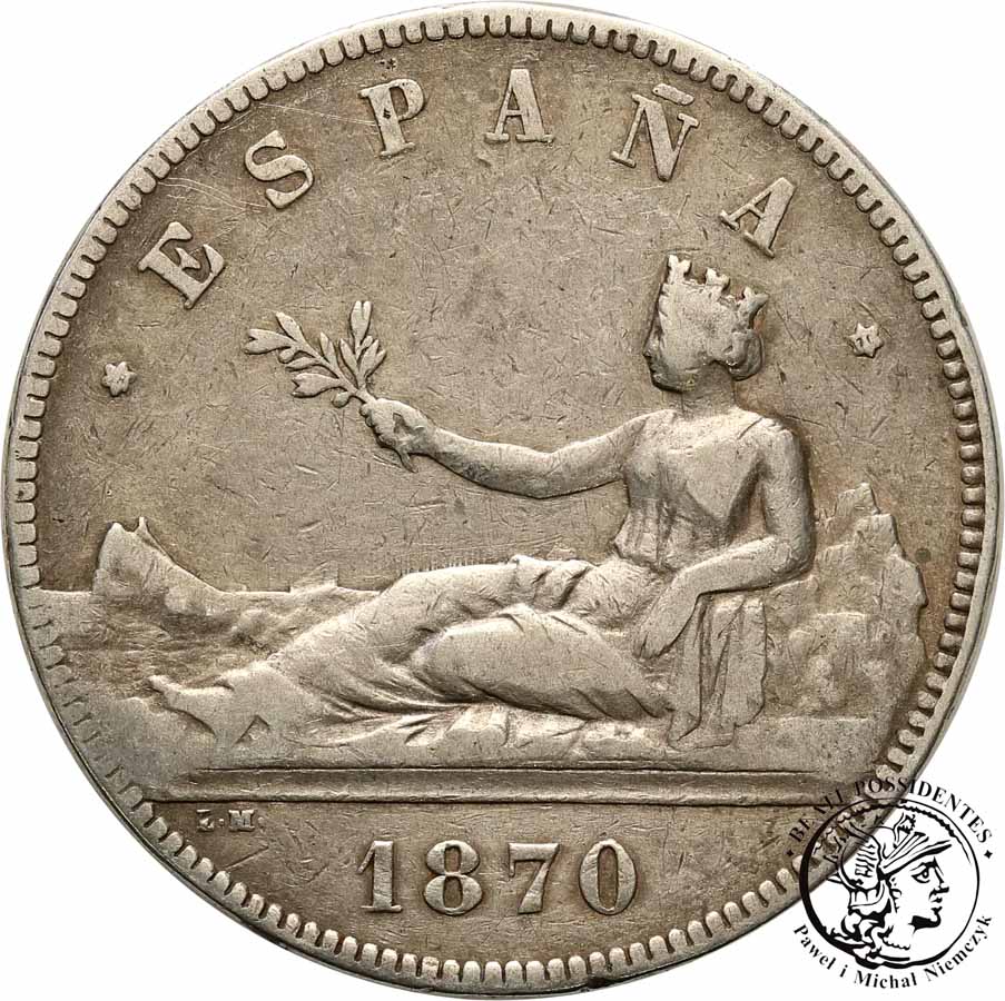 Hiszpania 5 Peset 1870 srebro st. 3
