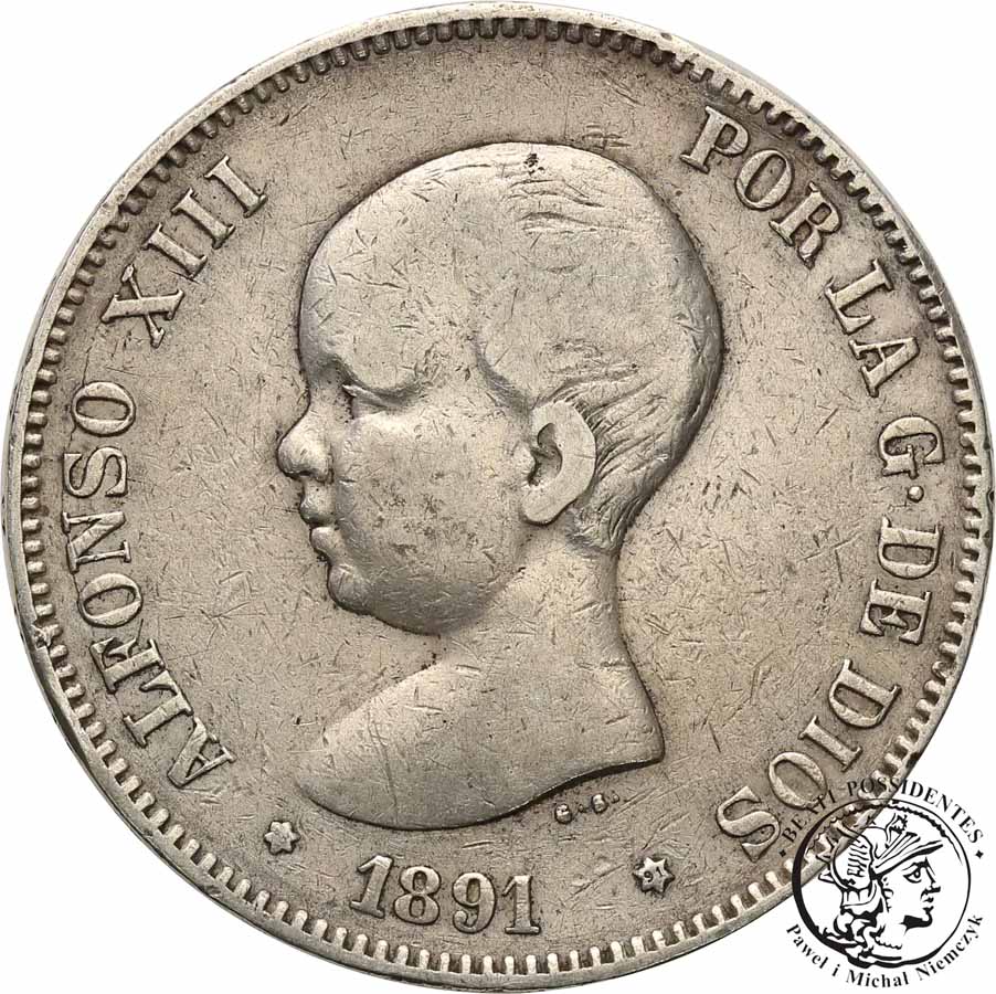 Hiszpania 5 Peset 1891 srebro st. 3-