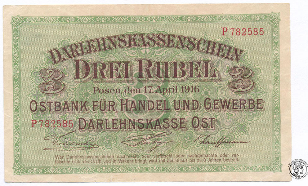 Polska Ober-Ost. Poznań 3 ruble 1916 seria P st.3