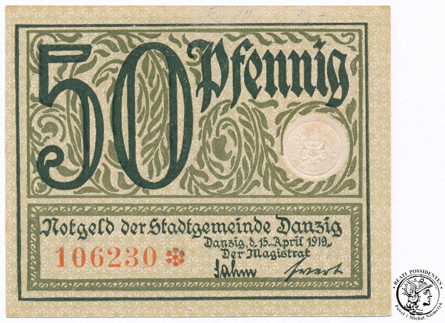 Polska Gdańsk notgeld 50 fenigów 1919 zielony st.1