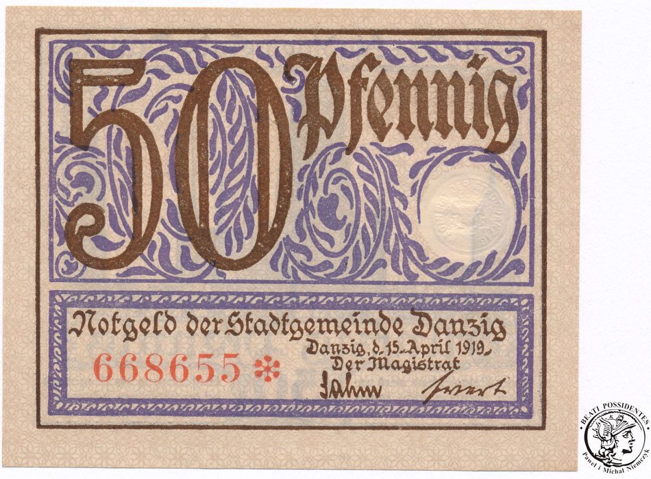 Gdańsk notgeld 50 fenigów 1919 fioletowy st.1