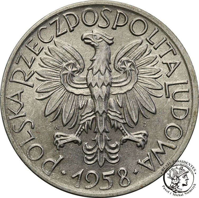 5 złotych 1958 Rybak wąskie 8 SŁONECZKO st.2+