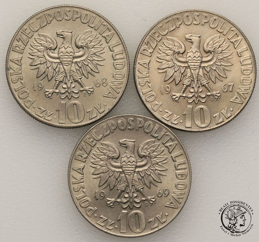 10 złotych 1967-68-69 Kopernik lot 3 sztuk st.1