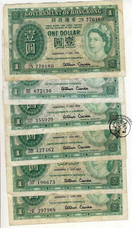 Hong Kong 1 $ Dolar 1956-1958 lot 6 sztuk st.3/4