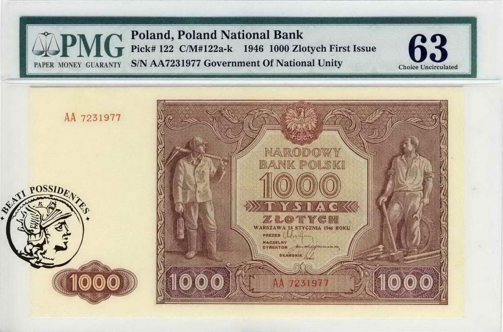 Polska 1000 złotych 1946 seria AA PMG 63