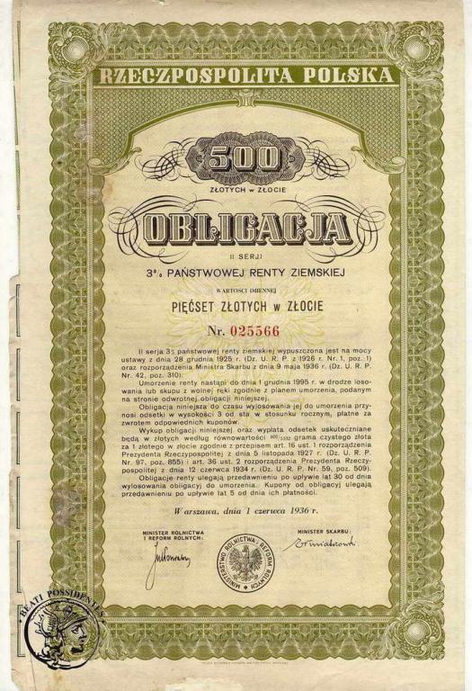 Obligacja 500 złotych 1936 renta ziemska st. 3