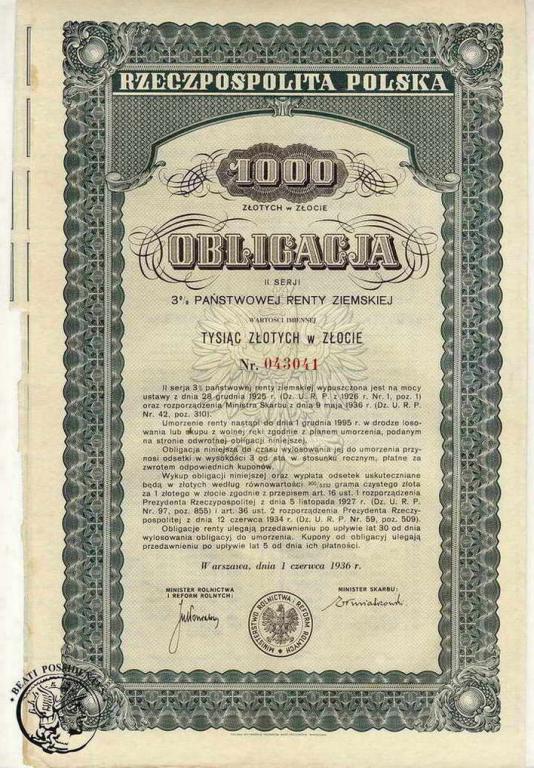 Obligacja 1000 złotych 1936 renta ziemska st. 3