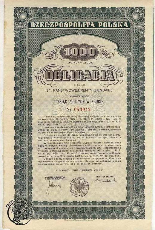 Obligacja 1000 złotych 1936 renta ziemska st. 3
