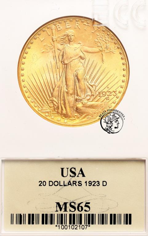USA 20 $ dolarów 1923 D Denver GCN MS 65