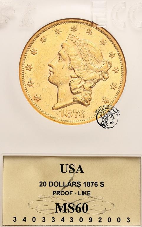 USA 20 $ dolarów 1876 S San Francisco GCN MS 60