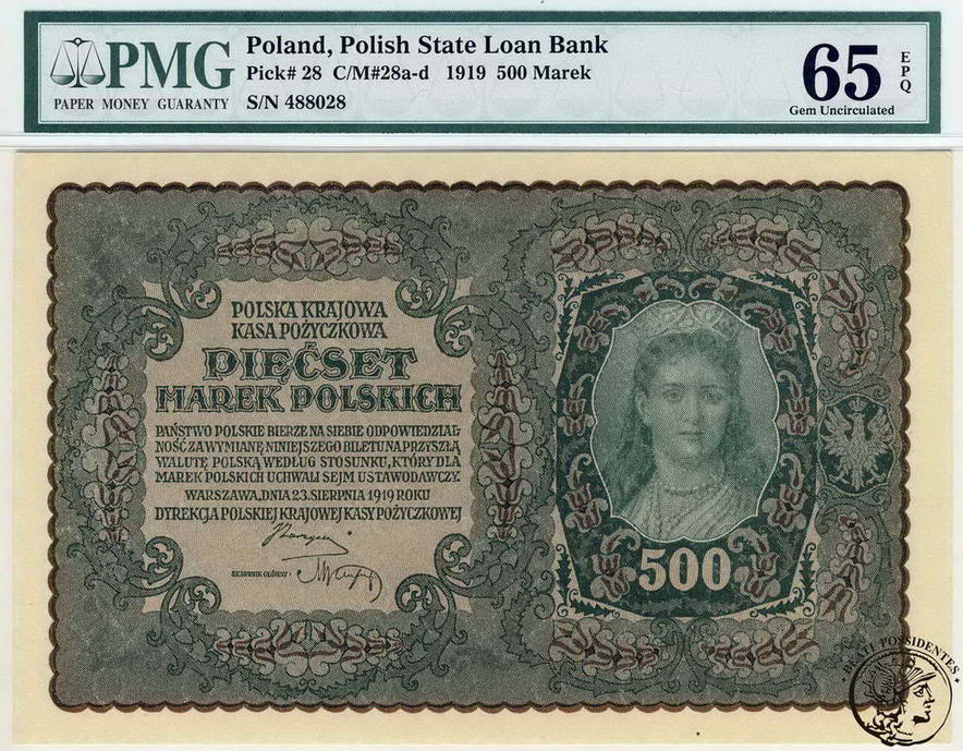 Polska 500 marek 1919 seria IBF PMG 65