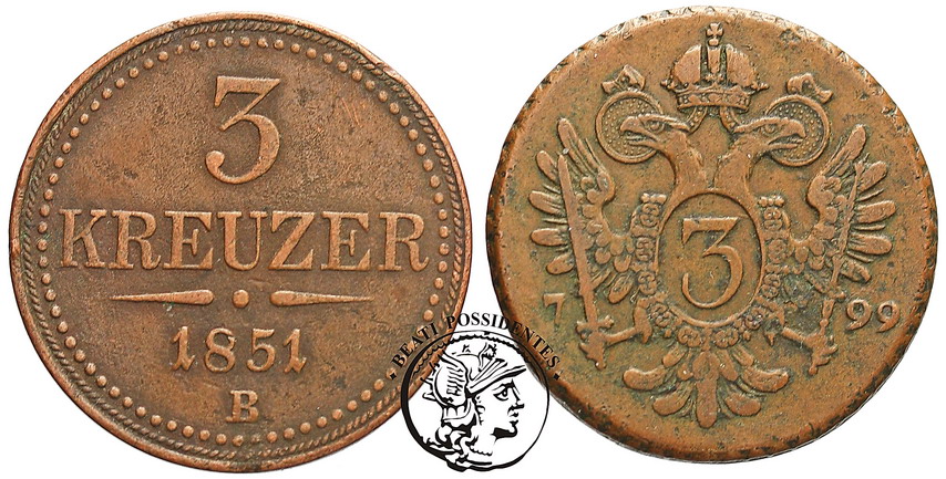 Austria 3 Krajcary 1799 B + 1851 B lot 2 szt st.3-