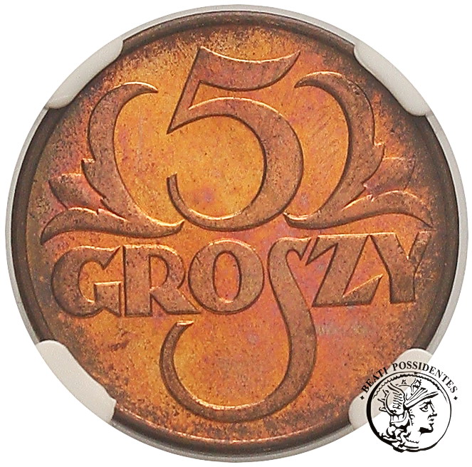 Polska 5 groszy 1938 NGC MS 63 RB
