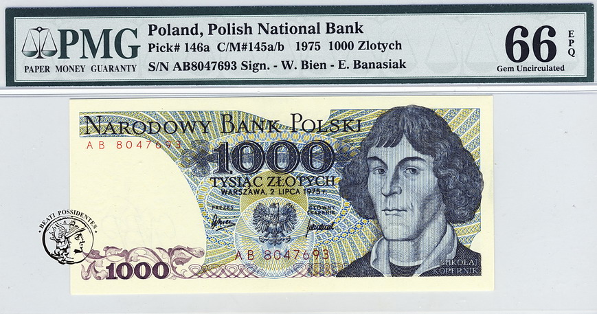 Polska 1000 złotych 1975 seria AB PMG 66