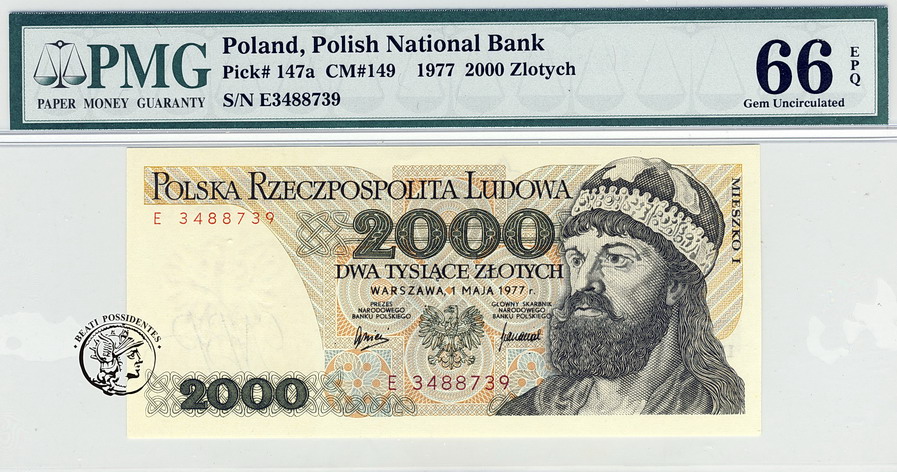 Polska 2000 złotych 1977 seria E PMG 66