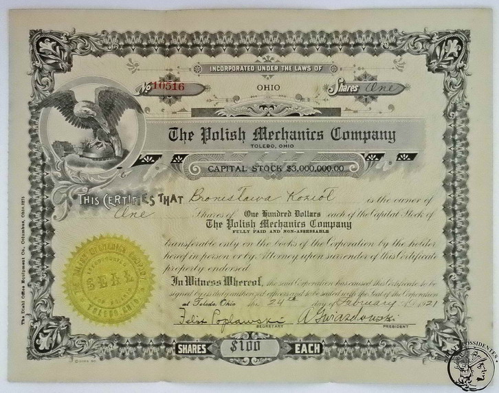 USA Stow. Mechaników Pol. akcja 100 $ 1921 st. 2