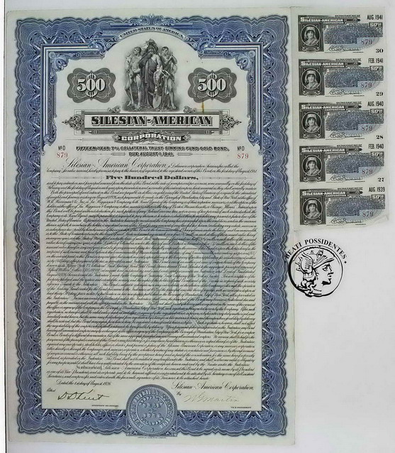 USA Silesian-American Co 500 $ obligacja 1926 st 2
