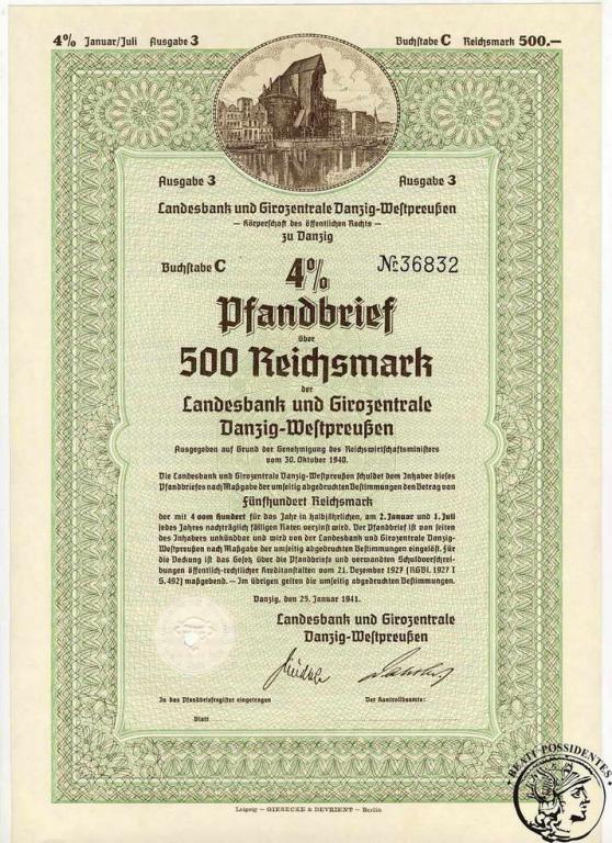III Rzesza Gdańsk 500 Marek 1941 obligacja st. 1