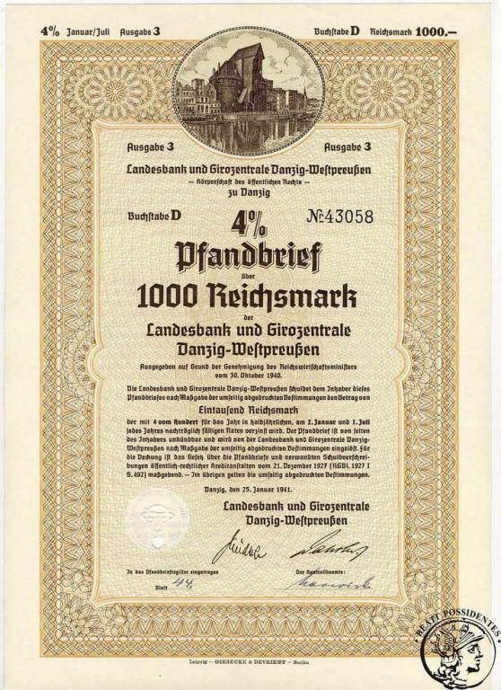 III Rzesza Gdańsk 1000 Marek 1941 obligacja st. 1