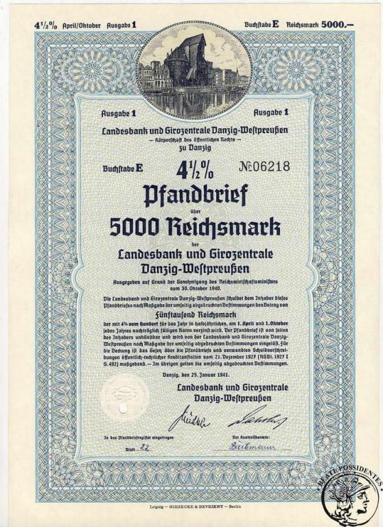 III Rzesza Gdańsk 5000 Marek 1941 obligacja st. 1