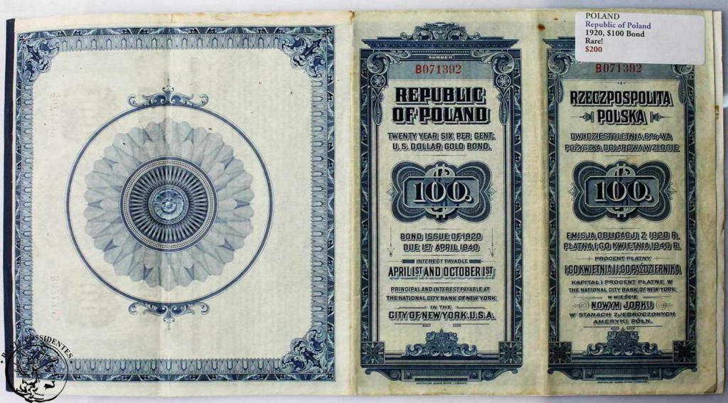Obligacja 100 złotych 1920 w złocie st.2