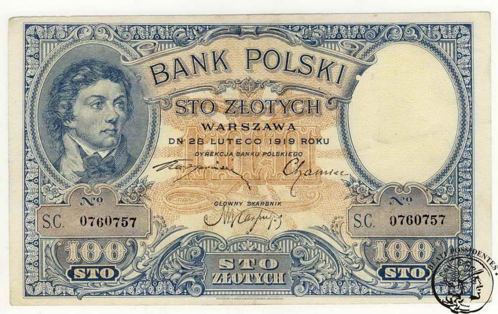 Polska 100 zł 1919 lot 3 różne serie st. 3/3+