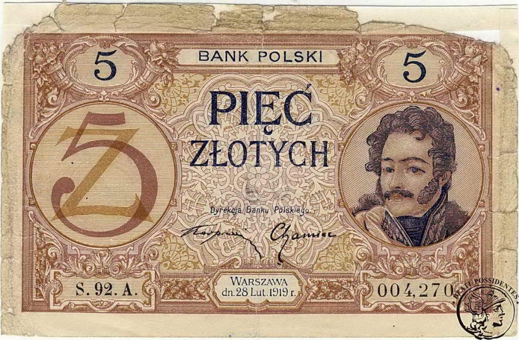 Polska 5 złotych 1919 st. 6+