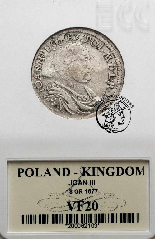 Jan III Sobieski ort koronny 1677 GCN VF 20