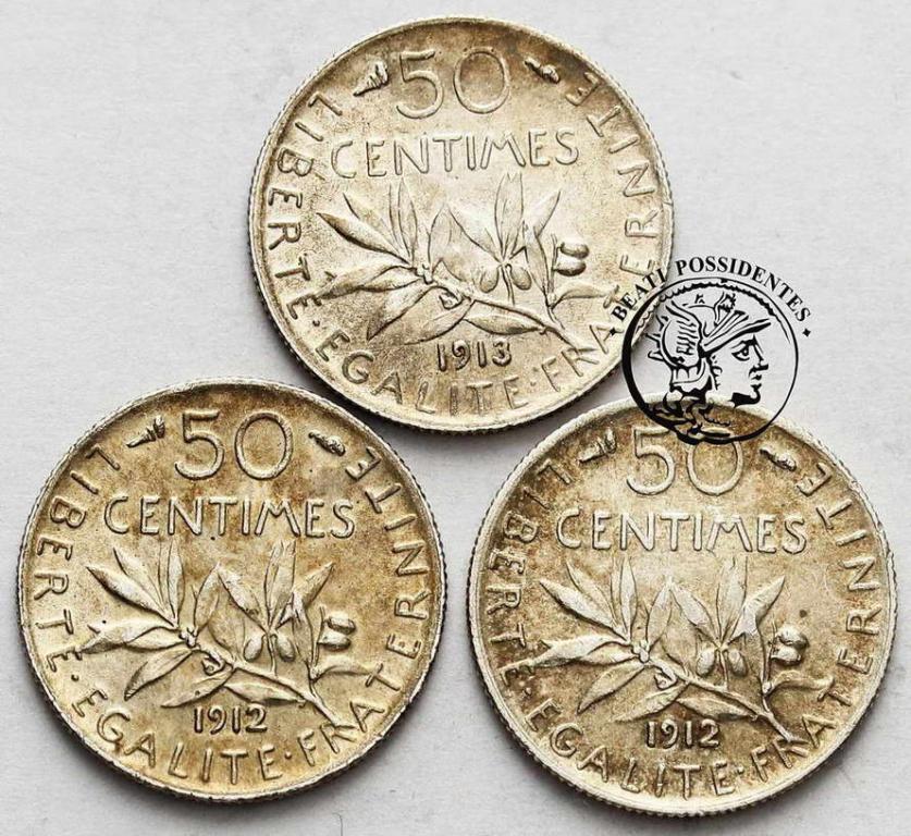 Francja 50 centów 1912/13 lot 3 szt. st.1/1-