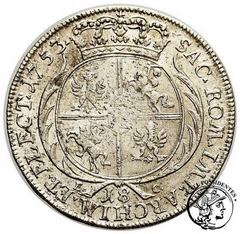 Polska August III Sas Ort koronny 1753 st.3+/2-