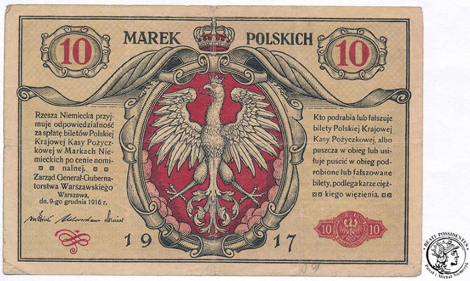 Banknot 10 marek polskich 1916 - GENERAŁ st. 3-