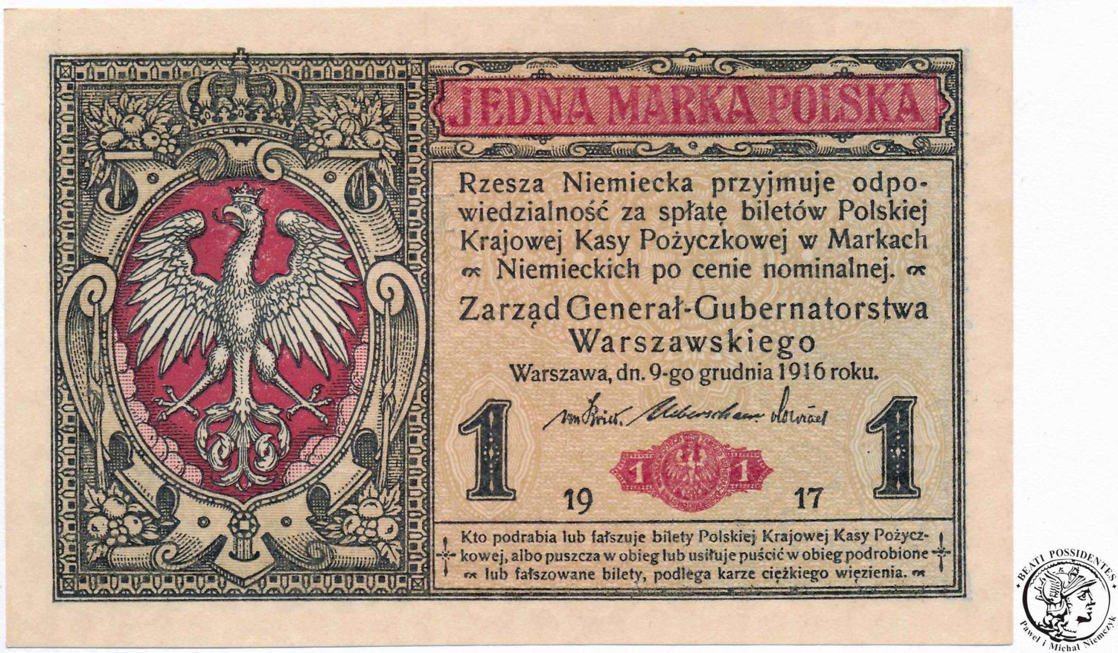 Banknot 1  marka polska 1916 B - Generał  (UNC)
