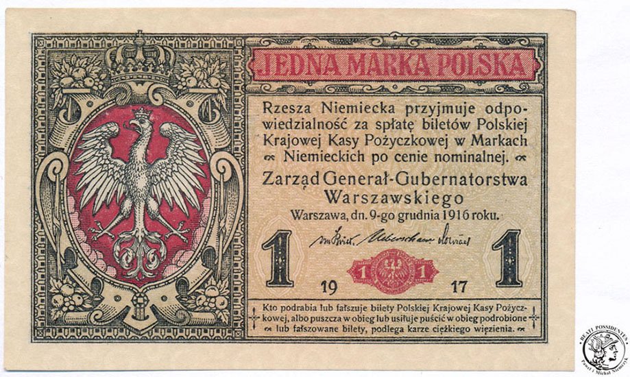 Banknot 1 marka polska 1916 - GENERAŁ  (UNC-)