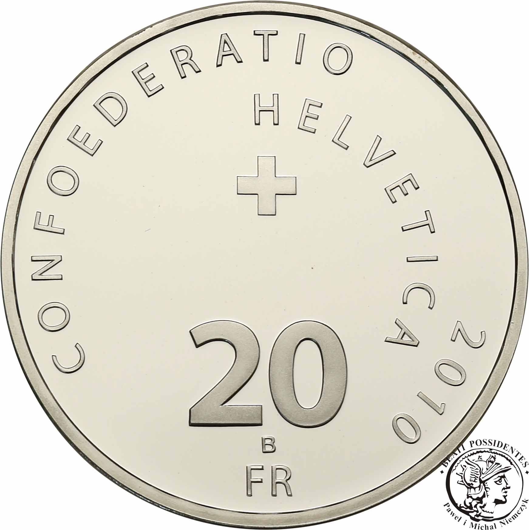 Szwajcaria 20 franków 2010 Dunant lustrzanka st.L