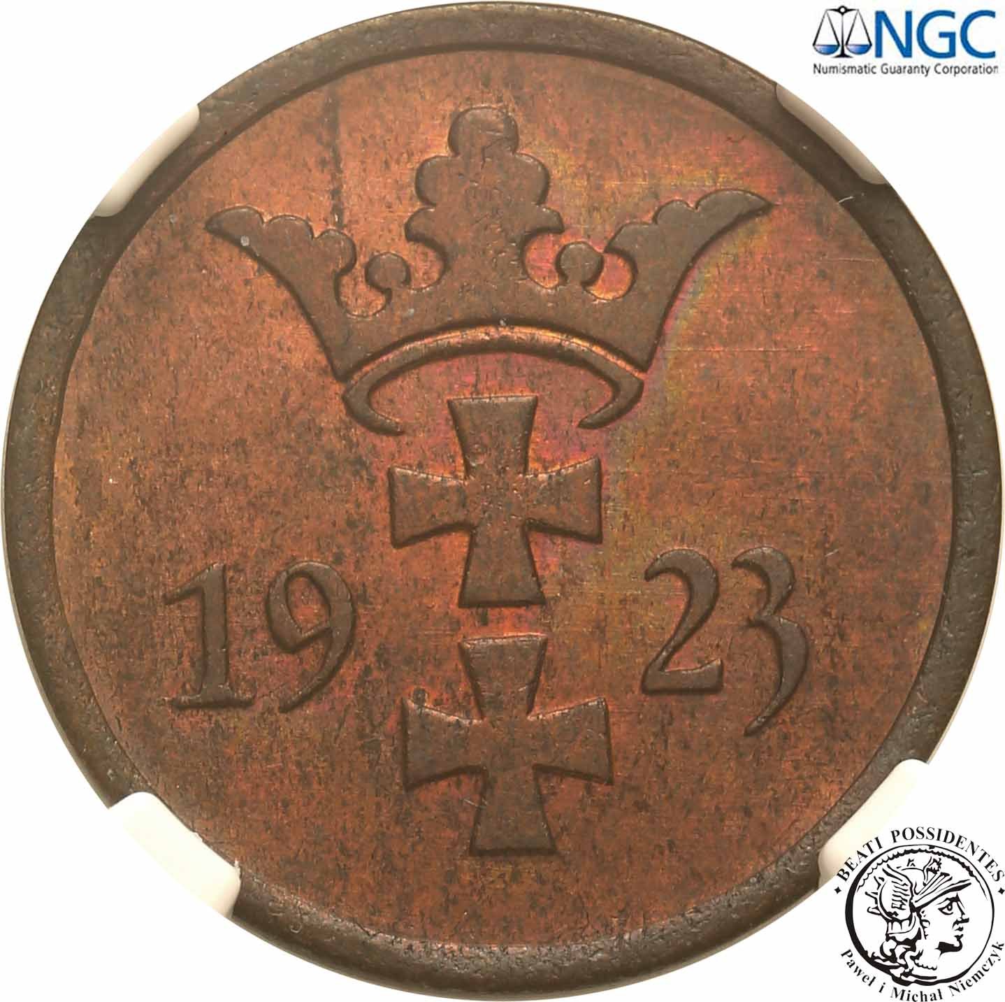 W. M. Gdańsk Danzig 1 fenig 1937 NGC MS64 RB