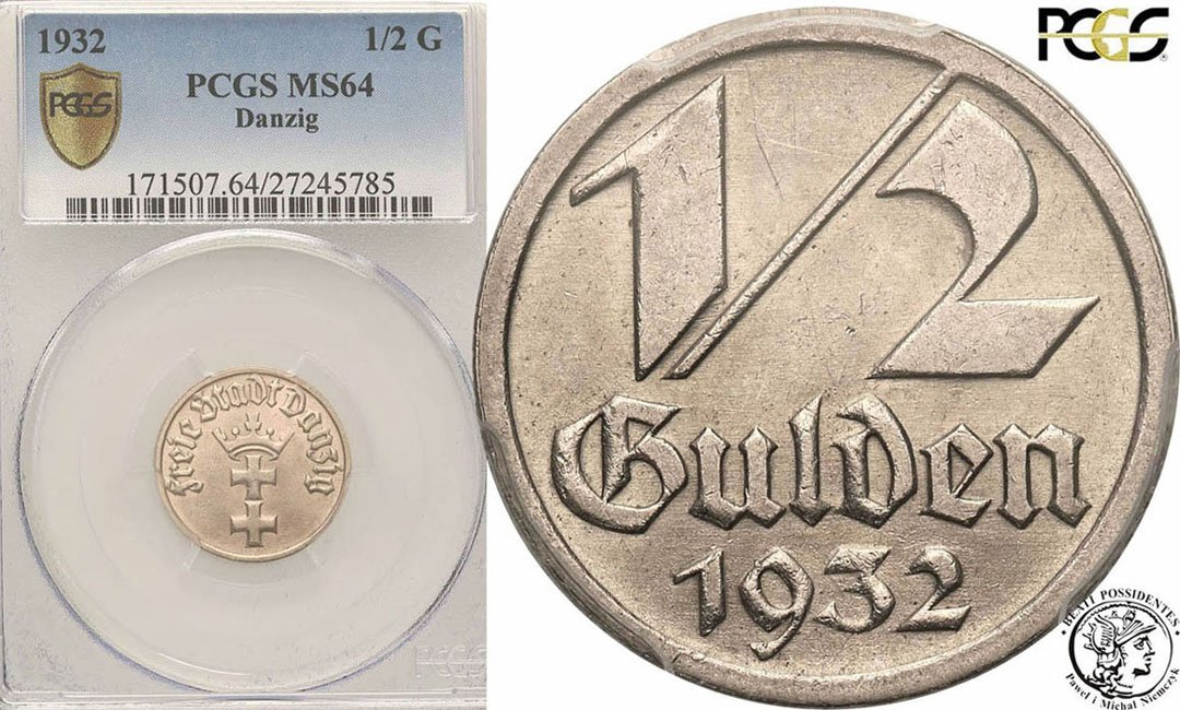 W. M. Gdańsk Danzig 1/2 Guldena 1932 PCGS MS64