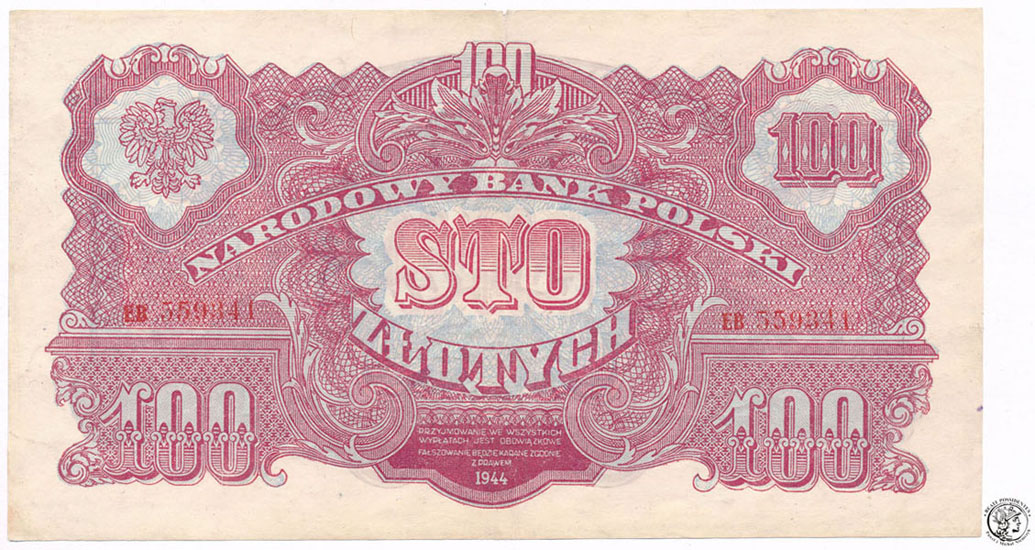 Banknot 100 złotych 1944 OBOWIĄZKOWE st.3+