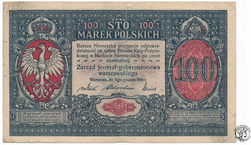Banknot 100 marek polskich 1916 ...jenerał... st.4