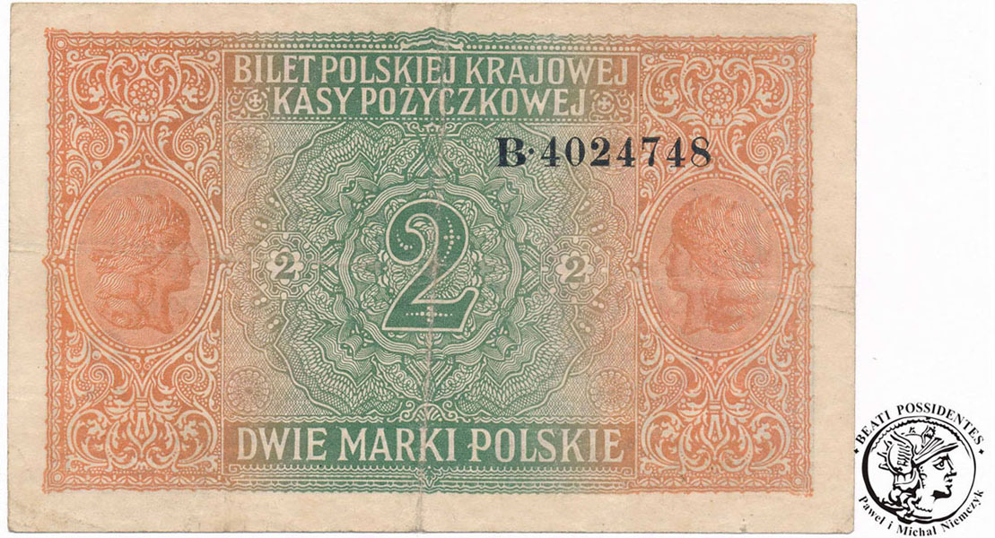 Banknot 2 marki polskie 1916 Generał seria B st.3