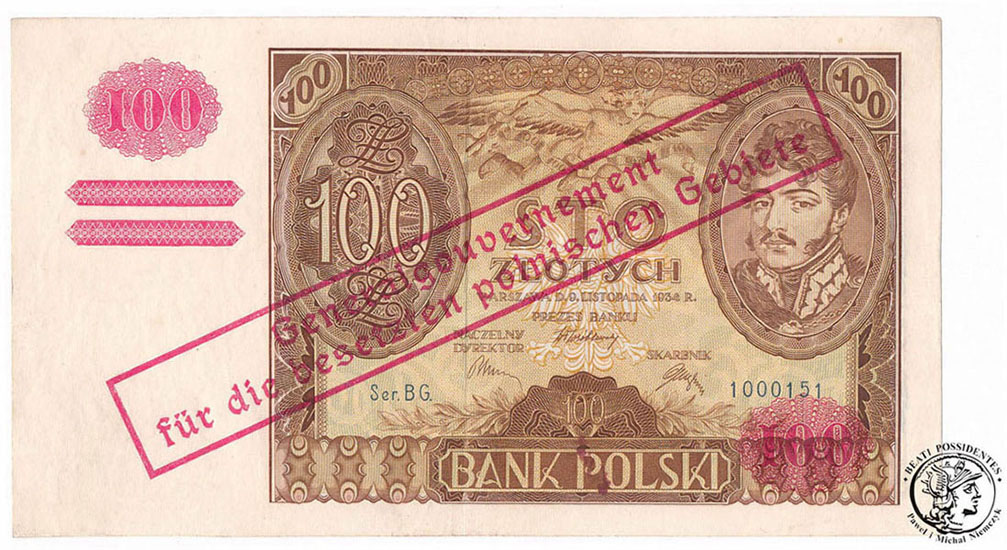 Banknot GG 100 złotych 1934 z nadrukiem st.3+