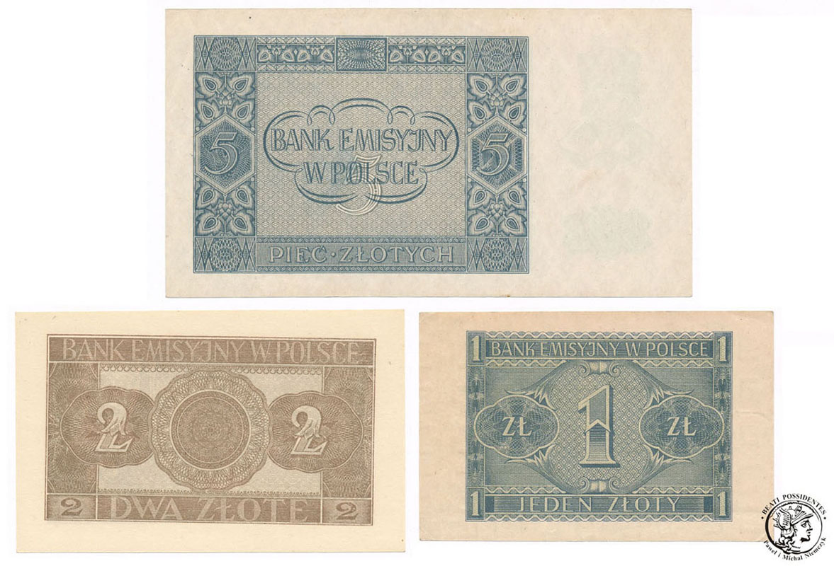 Banknoty 1 + 2 + 5 złotych 1941 lot 3 sztuk st.1/2