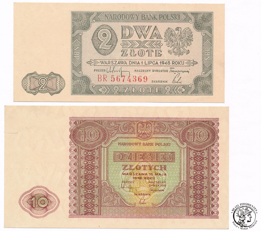 Banknoty 2 + 10 złotych 1946-1948 - PIĘKNE