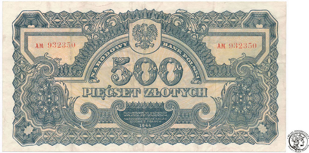 Banknot 500 złotych 1944 seria AM