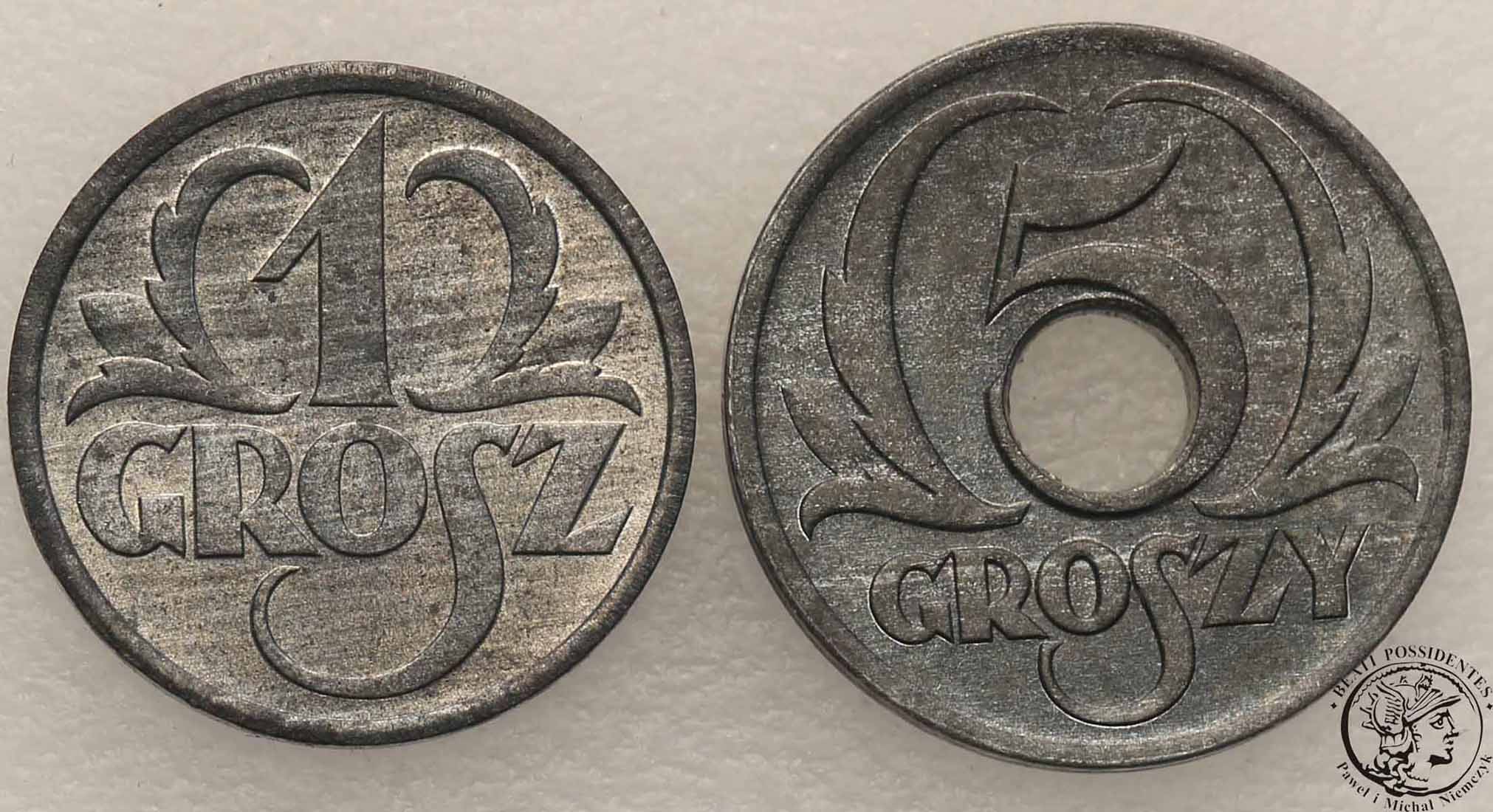 GG 1 grosz + 5 groszy 1939 zestaw 2 sztuk st.1