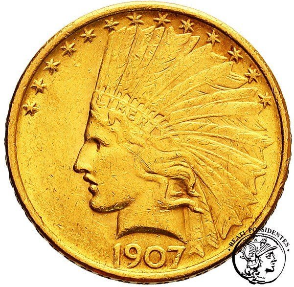 USA 10 $ Dolarów Indianin 1907 Filadelfia st.3+