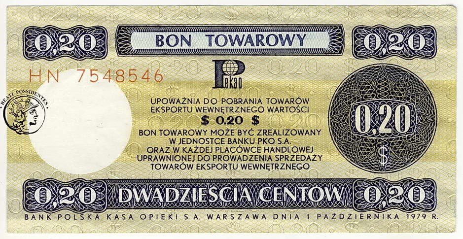Polska 20 Centów 1979 bon towarowy Pewex st.1-